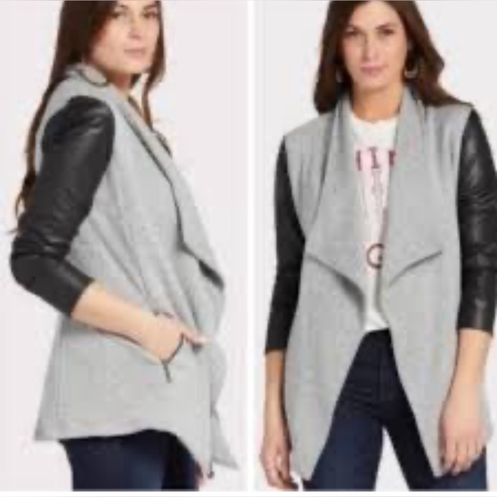 Peyton Jenson Draped Jacket Medium Gray Black Faux Leather Sleeves Chic Moto